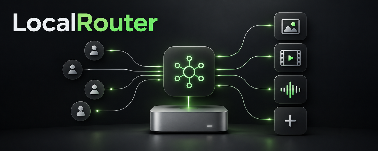 LocalRouter routes several agents through a central hub to image, video and audio models on a local GPU box.